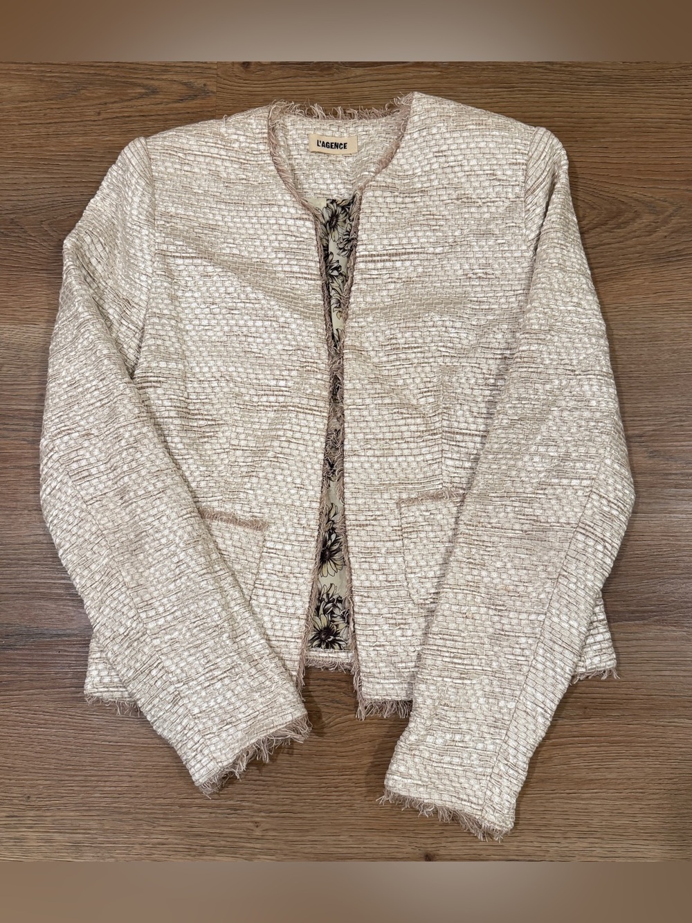L'Agence Cream Raw-Hem Fringe Boucle Tweed Jacket size 4